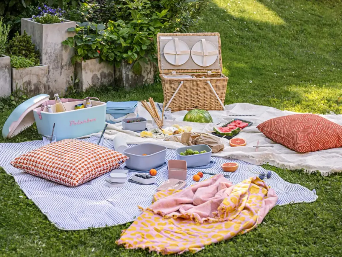 Picnic con tanti cibi con la m: melone, macedonia, mandarini, mirtilli e molto altro.