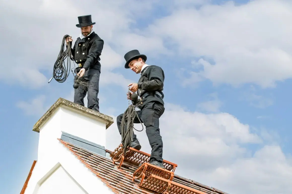 Zwei Schornsteinfeger in Zylinder und traditioneller Kleidung stehen auf einem Dach. Sie bereiten sich auf ihre Arbeit vor, denn bei der Wahl des Schornsteinfegers zählt die Qualität.