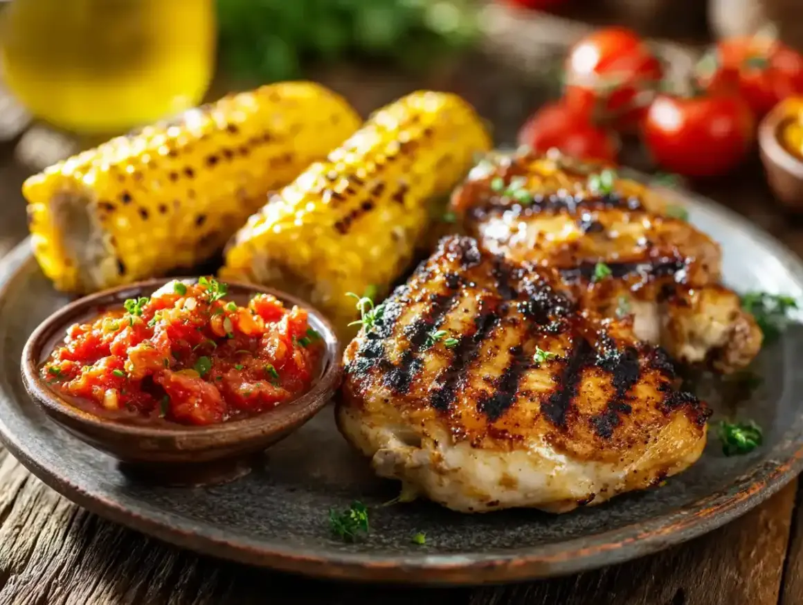 Grillade kycklinglårfile med majskolvar och tomatsalsa. Perfekt sommarmat!