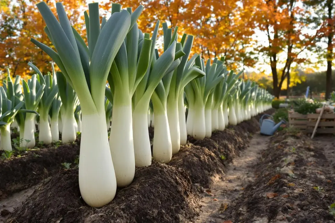 Rangée de poireaux blancs et verts dans un jardin d'automne. Faut-il tailler les poireaux pour les faire grossir ? L'image montre des poireaux prêts à être récoltés.