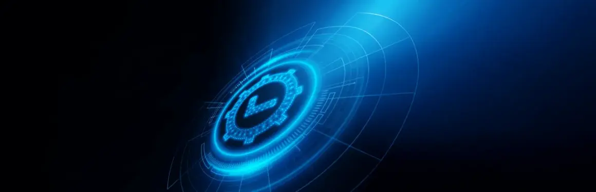 Blaues Zahnrad mit Häkchen-Symbol, das für VDS Zertifizierung steht, umgeben von digitalen Kreisen auf dunklem Hintergrund.