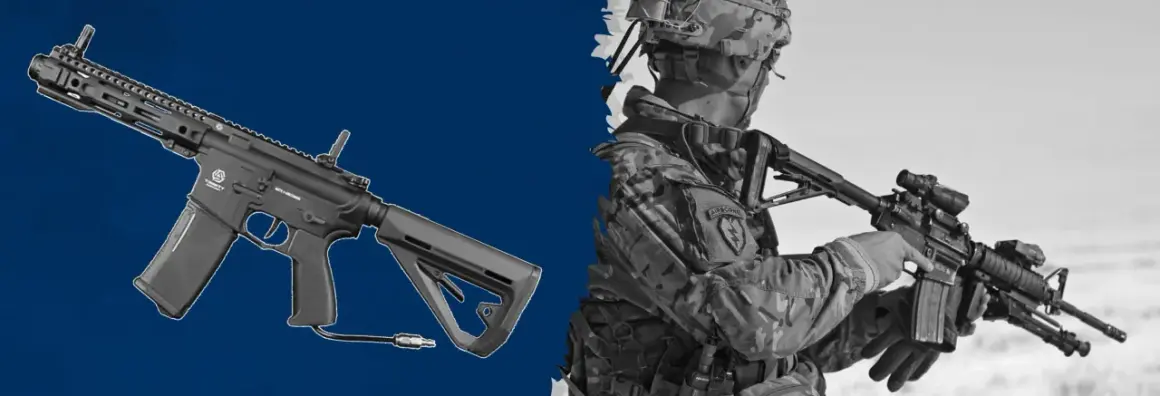 Rifle táctico con sistema HPA y soldado en uniforme de camuflaje.