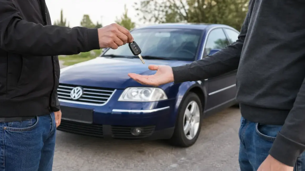 Przekazanie kluczyków do niebieskiego Volkswagena. Dowiedz się, jak zgłosić sprzedaż samochodu i dopełnić formalności.