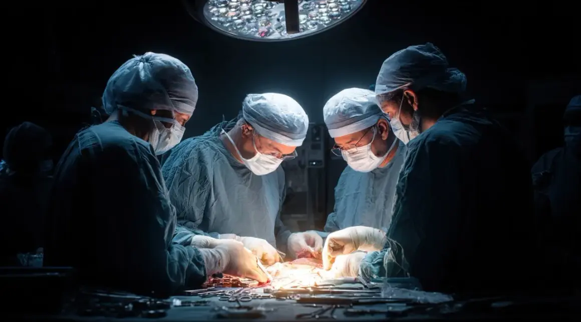 Zespół chirurgów w maseczkach i czepkach skupiony na skomplikowanej operacji pod jasnym światłem lampy.