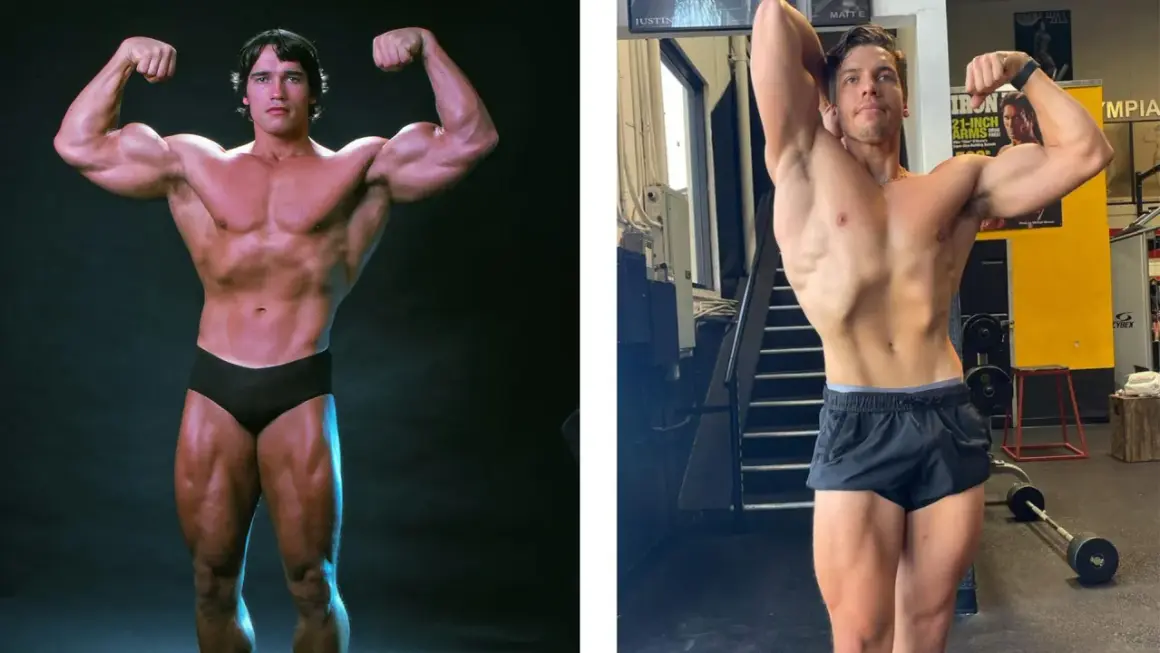 Arnold Schwarzenegger barn jämförs med en modern bodybuilder. Båda visar upp sina muskler i en klassisk pose.