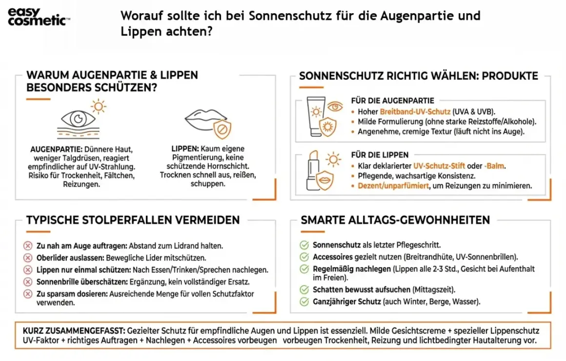 Sonnenschutz tipps für Augen & Lippen: Dünne Haut, wenig Pigmentierung. Produkte mit Breitband-UV-Schutz, milde Formulierungen & Lippenpflege sind wichtig.