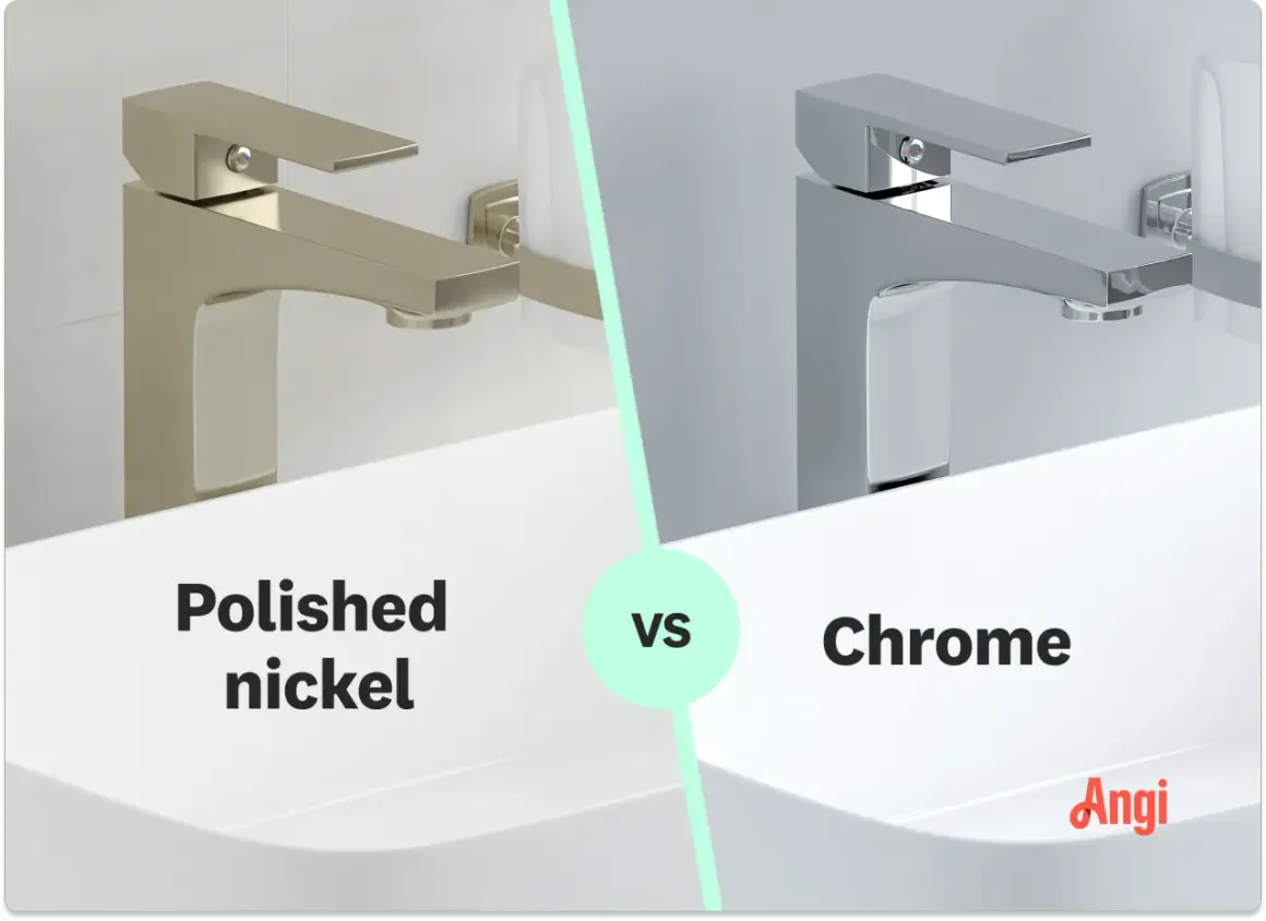 A side-by-side comparison of a modern faucet in polished nickel versus chrome, showcasing the subtle differences in their finishes.