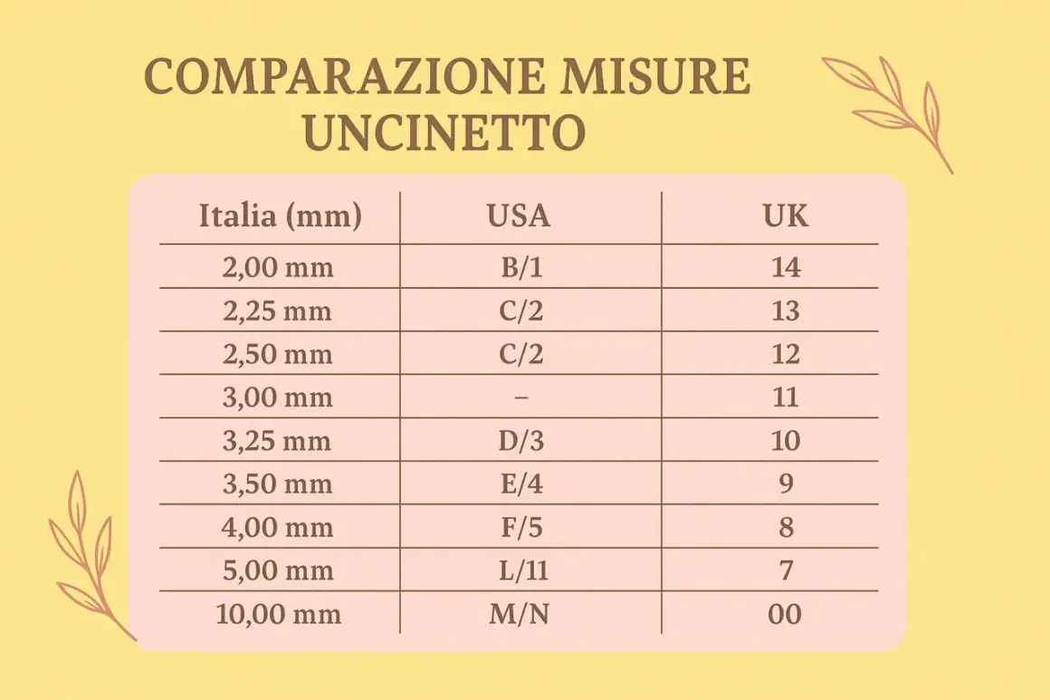 Tabella comparativa misure uncinetto: Italia, USA, UK. Utile per scegliere lo strumento giusto per ogni progetto.