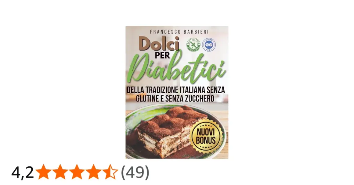 Copertina libro "Dolci per Diabetici", con un tiramisù e la promessa di dolci senza zucchero e senza glutine.