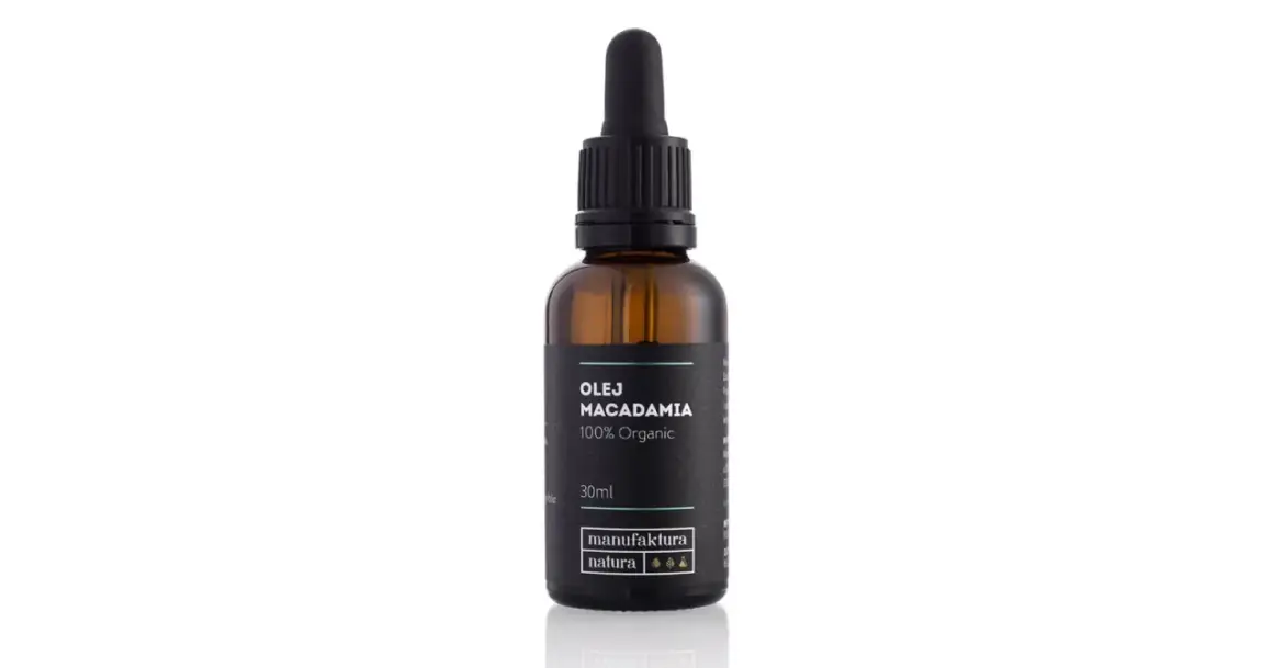 Brązowa buteleczka z pipetą, zawierająca olej do olejowania włosów Macadamia 100% Organic.