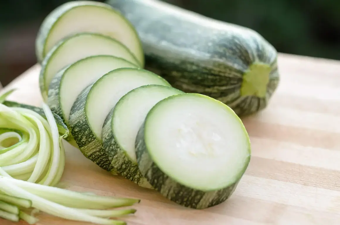 Frische Zucchini, in Scheiben geschnitten und zu Spiralen gedreht, bereit, roh gegessen zu werden.