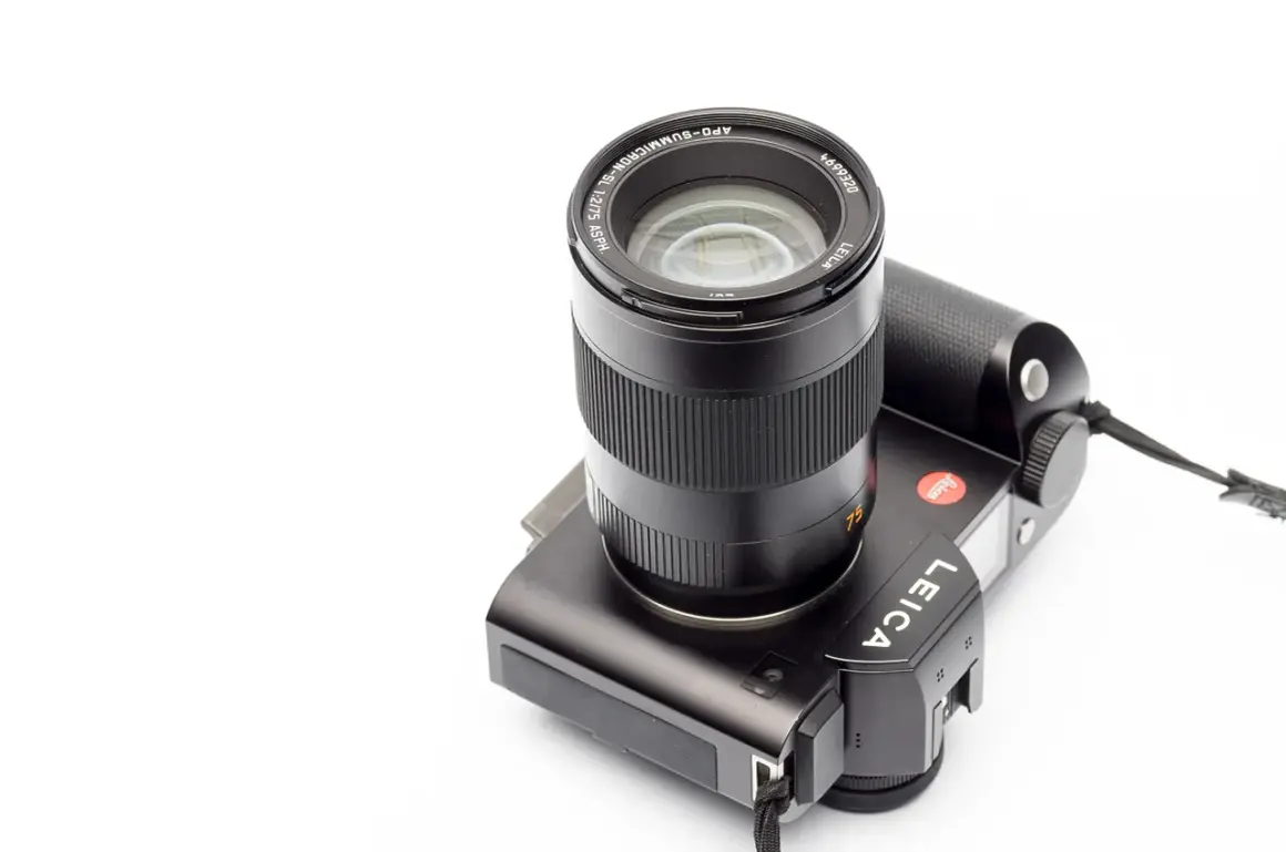 A black Leica camera with a Leica 75mm Summicron lens attached, ready to capture stunning portraits.