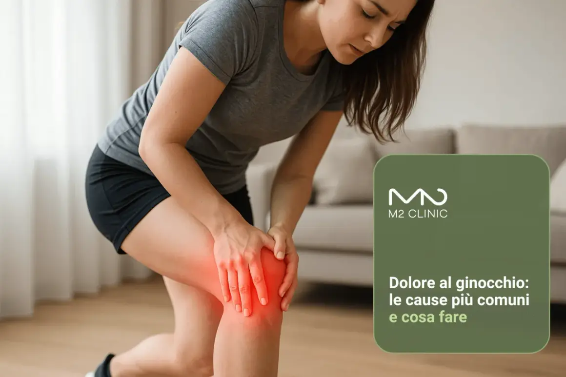 Donna con ginocchio arrossato e dolente, che indica perché fanno male le ginocchia e cosa fare.