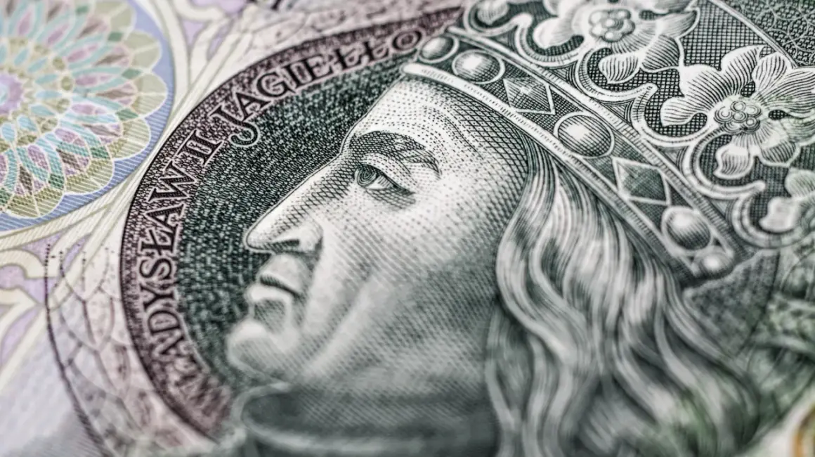 Portret Władysława Jagiełły z banknotu 500 zł. Król w koronie, z wąsami i długimi włosami. Limit ikze 2026.