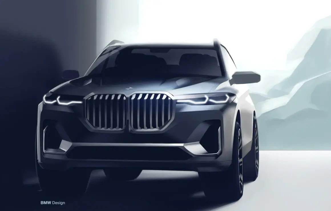 Stylizowany szkic BMW X8 z charakterystyczną atrapą chłodnicy i ostrymi światłami.