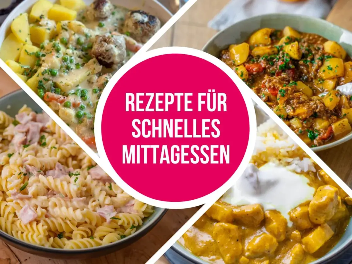 Vier leckere Gerichte für ein schnelles Mittagessen: Frikadellen mit Kartoffeln, Gulasch mit Kartoffeln, Nudeln mit Schinken und Curry mit Reis.