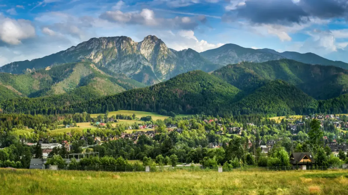 Widok na malowniczą jaszczurówkę w Zakopanem, z górami w tle i zielonymi wzgórzami.