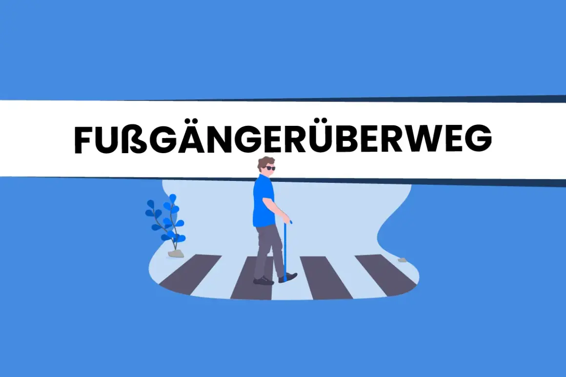 Ein Mann mit Stock und Sonnenbrille überquert den Zebrastreifen. Das Verkehrszeichen 350, Fußgängerüberweg, ist prominent platziert.
