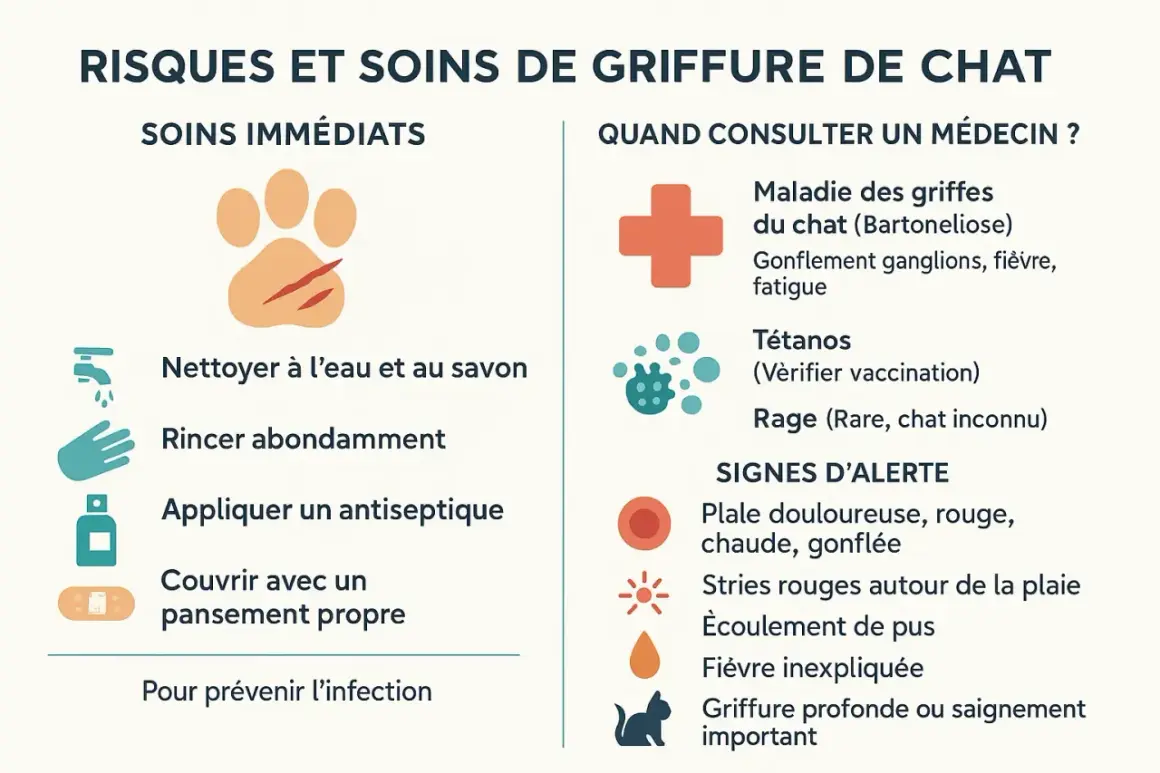 Risques et soins de griffure de chat : nettoyage, antiseptique, pansement. Consulter si fièvre, fatigue, ou signes d'alerte, pour éviter la maladie du chat humain symptômes.