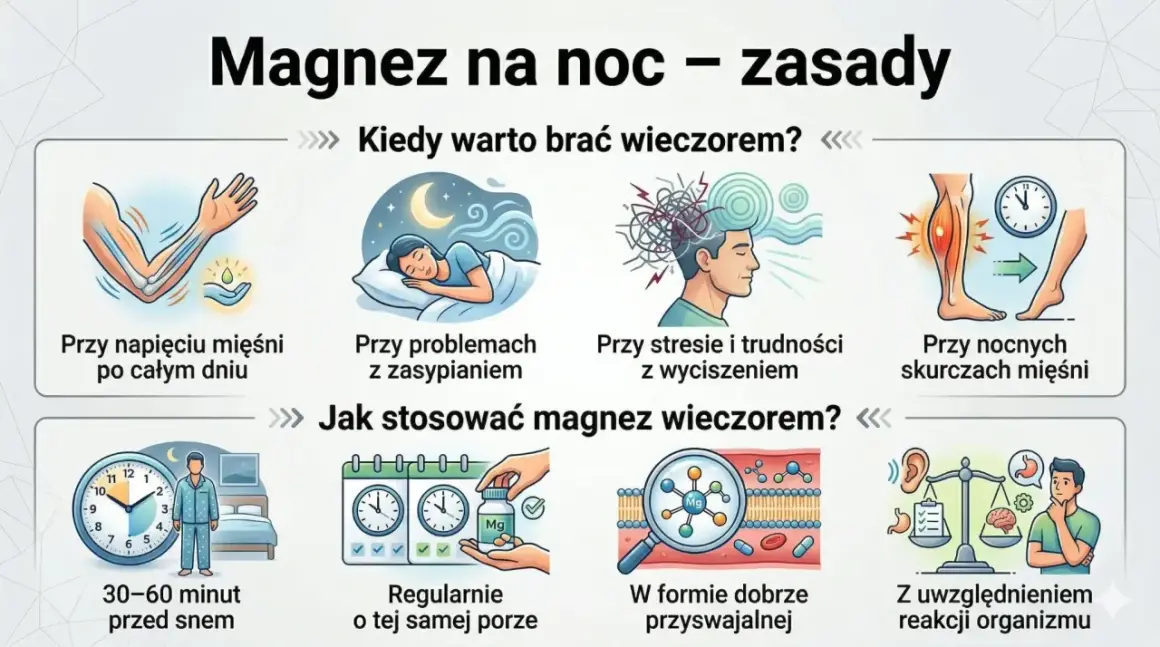 Kiedy najlepiej brać magnez? Wskazówki: przy napięciu mięśni, problemach z zasypianiem, stresie, skurczach nocnych, 30-60 min przed snem, regularnie, w przyswajalnej formie.