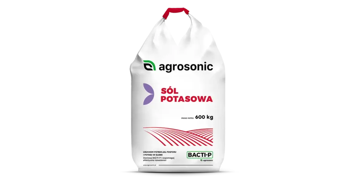 Worek nawozu "Sól potasowa" od Agrosonic, 600 kg. Produkt BACTI-P wspomaga nawożenie.