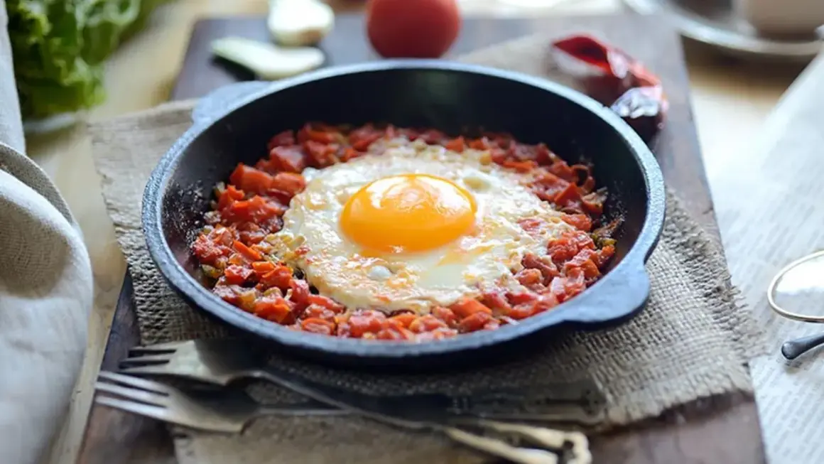 Un huevo frito sobre una cama de tomate picado en cazuelitas de aperitivo, listo para disfrutar.