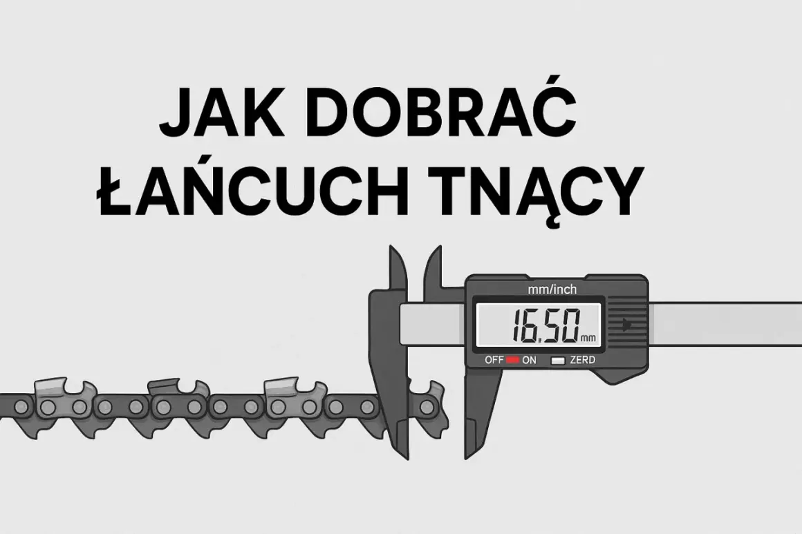 Cyfrowy suwmiarka mierzy łańcuch do piły, pokazując 16.50 mm. Dowiedz się, jak zmierzyć łańcuch do piły.