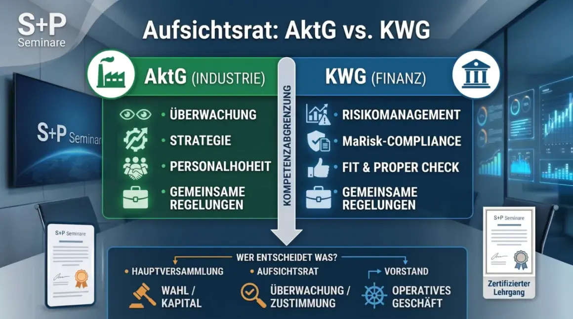 Gegenüberstellung der Aufgaben von Aufsichtsrat im AktG (Industrie) und KWG (Finanz). Was macht ein Aufsichtsrat? Überwachung, Strategie, Personalhoheit, Risikomanagement.