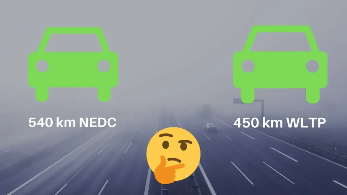 Deux voitures vertes symbolisent des autonomies différentes : 540 km NEDC vs 450 km WLTP. Un emoji pensif interroge sur ces mesures.