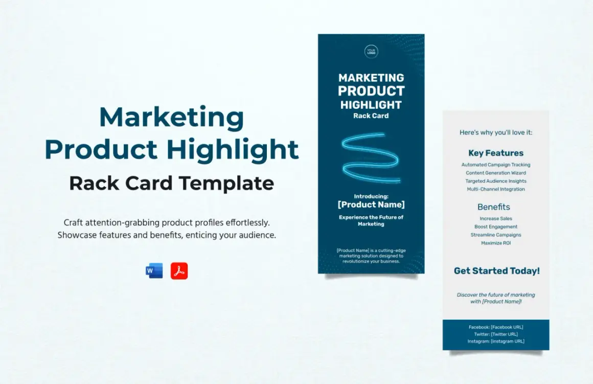Marketing Product Highlight Rack Card Template. This catalog design showcases a sleek template for creating attention-grabbing product profiles.