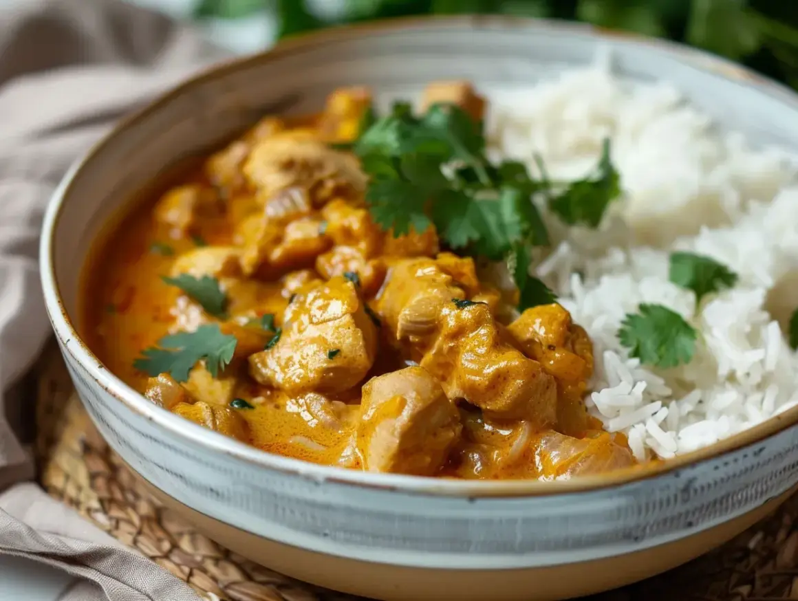 En skål med krämig kycklingcurry och ris, garnerad med koriander. Perfekt för ett snabbt mango chutney recept.