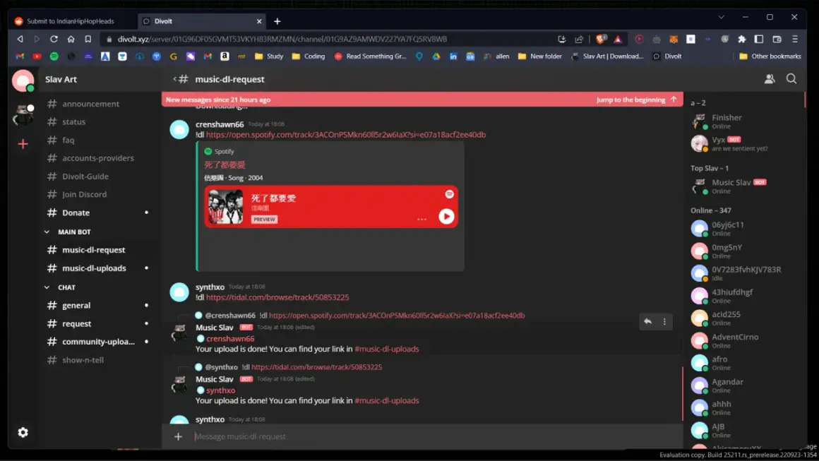 Discord bot in #music-dl-request channel shows how to get flac files by pasting Spotify or Tidal links.