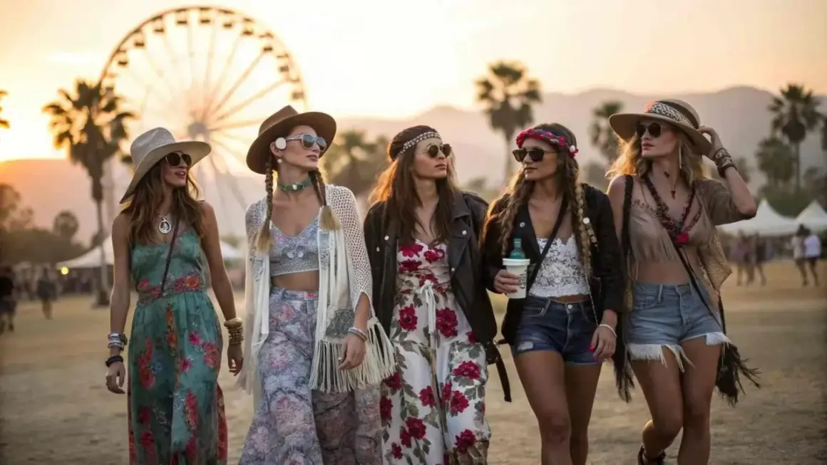 Cinco amigas con un marcado estilo bohemio pasean al atardecer, luciendo vestidos florales, sombreros y accesorios playeros.