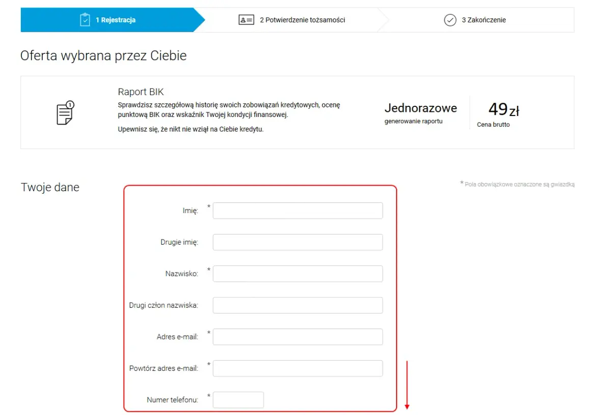 Formularz do wygenerowania raportu BIK bez konta bankowego. Wpisz swoje dane: imię, nazwisko, adres e-mail i numer telefonu.