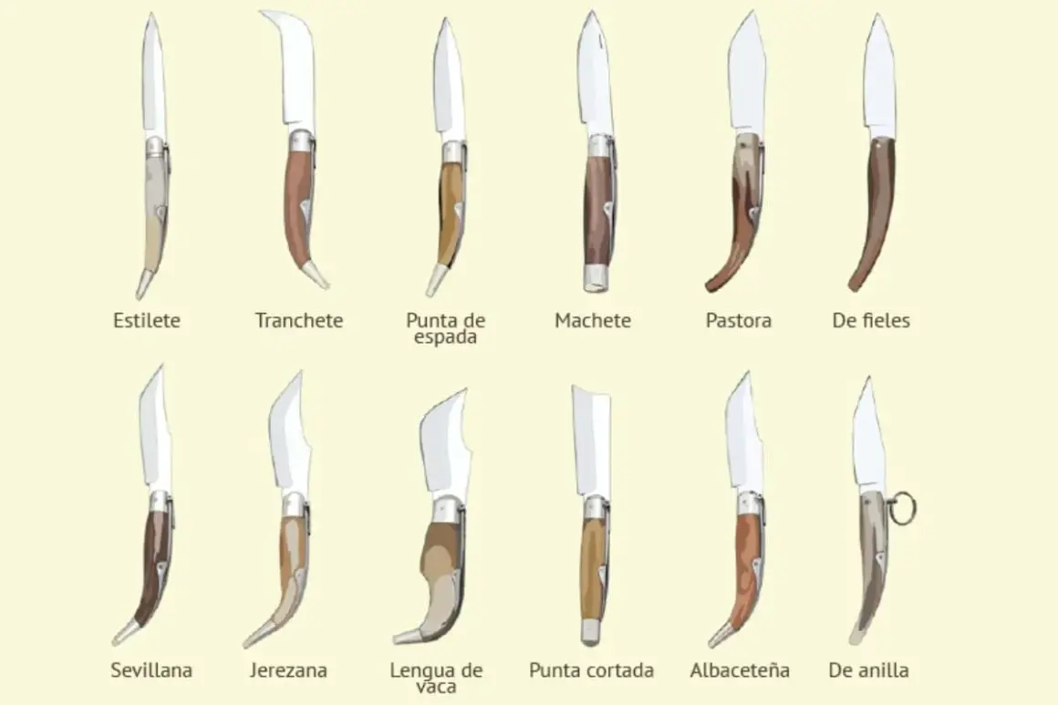 Variedad de navajas de **cuchillería Albacete**: Estilete, Tranchete, Punta de espada, Machete, Pastora, De fieles, Sevillana, Jerezana, Lengua de vaca, Punta cortada, Albaceteña y De anilla.