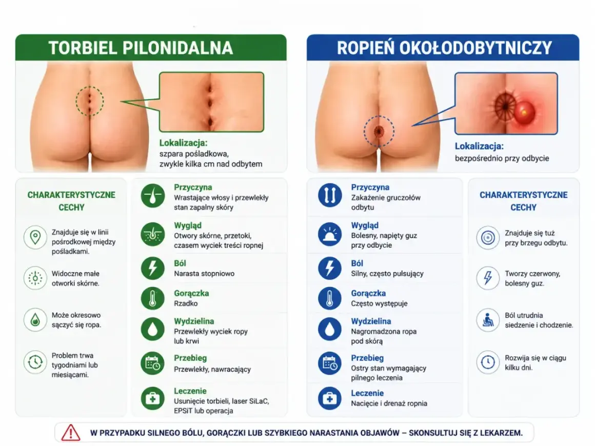 Torbiel pilonidalna: wrastające włosy, otwory skórne, ból narastający stopniowo. Ropień okołoodbytny: zakażenie gruczołów, bolesny guz, silny ból.