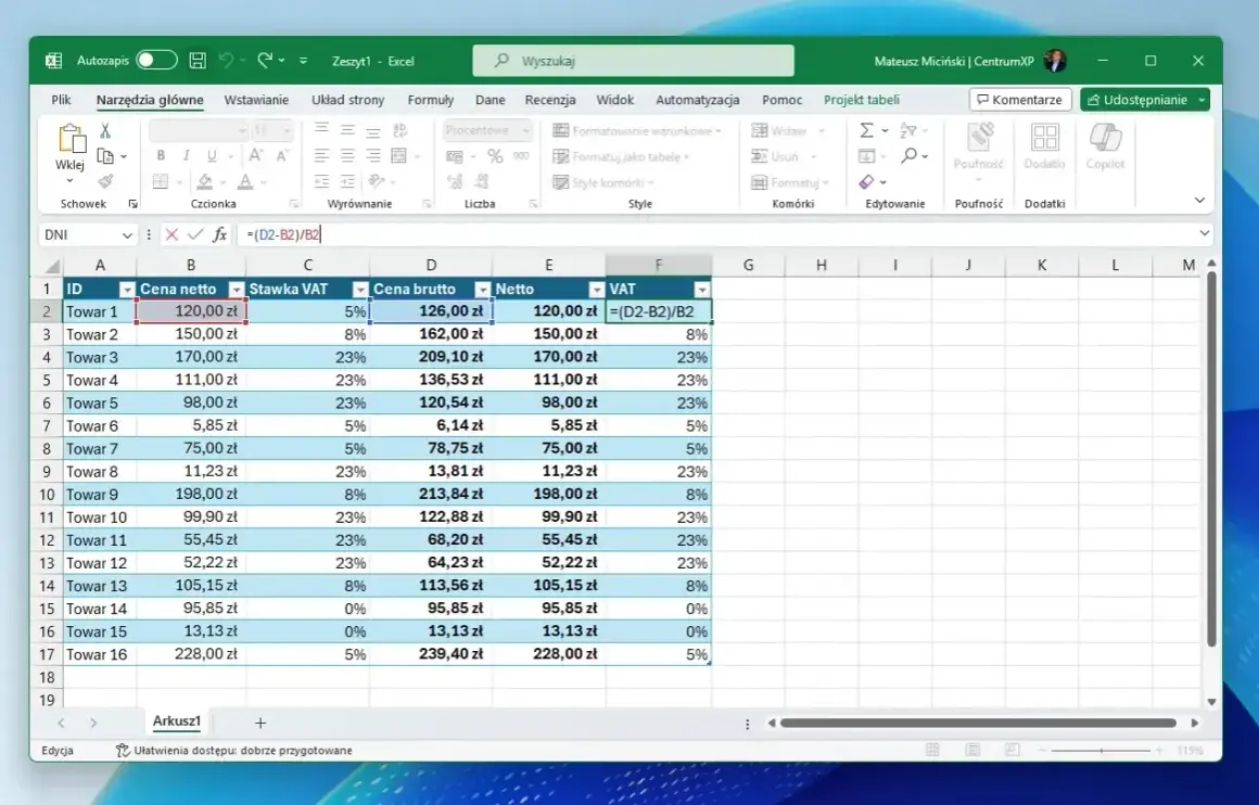 Excel pokazuje, jak odjąć procent, obliczając VAT. Formuła =(D2-B2)/B2 w komórce F2 pokazuje, jak to zrobić.