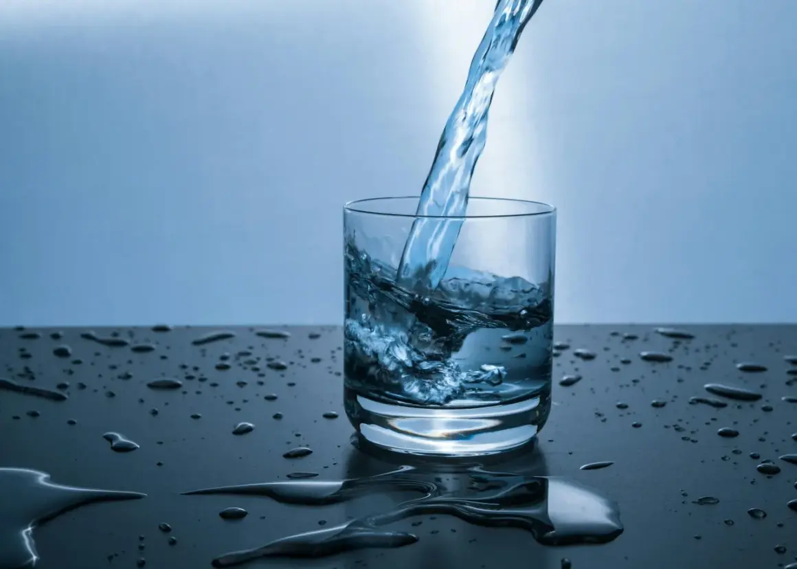 Verre d'eau versé, éclaboussures sur la table. L'eau calcaire peut causer du mal de ventre.