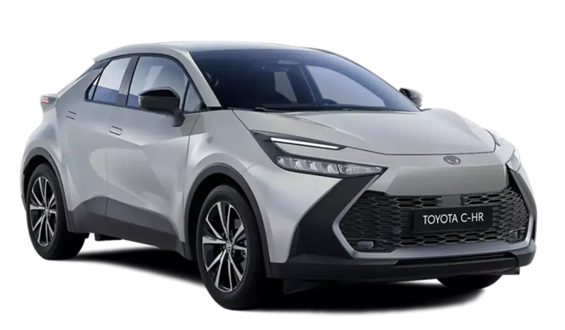 Nowy Toyota C-HR Plus w srebrnym kolorze, z dynamiczną linią nadwozia i nowoczesnym designem.