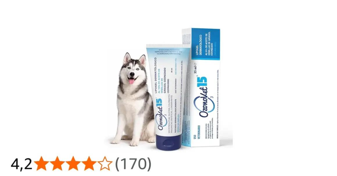 Husky sonriente junto a un tubo y caja de Ozonovet 15, lipogel dermatológico para ozonoterapia perros.