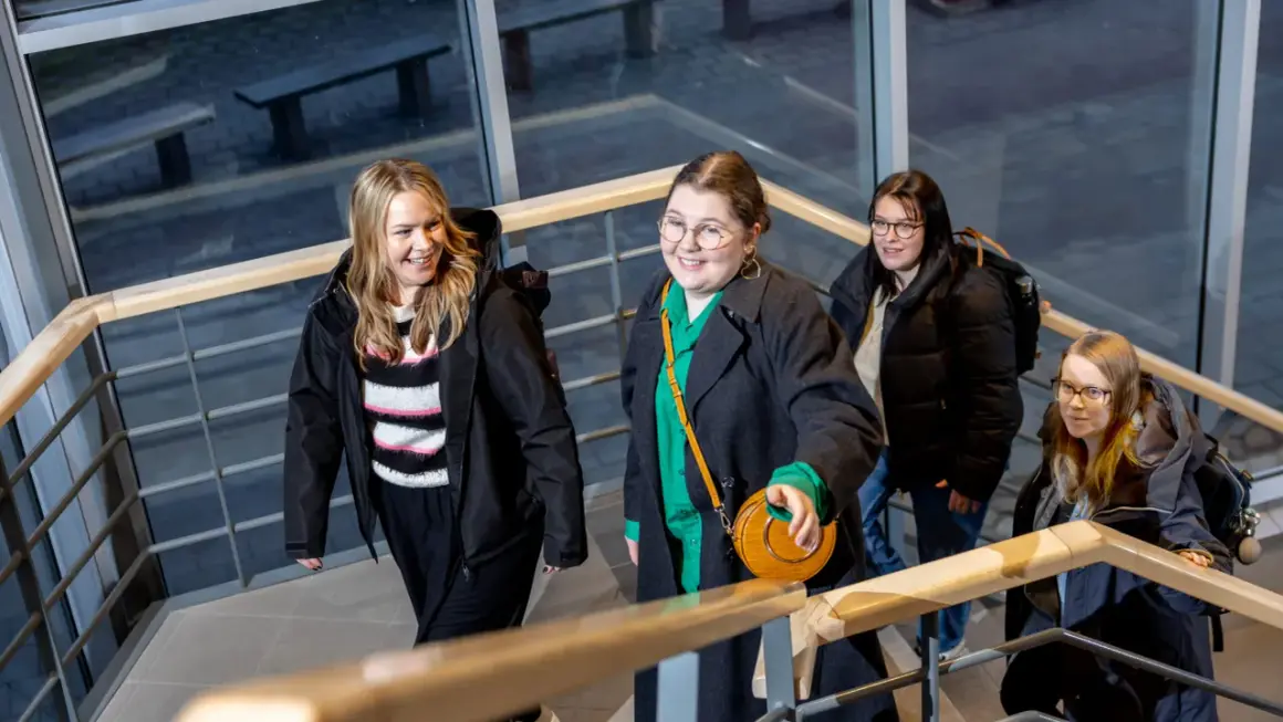 Fyra glada studenter går uppför trappan på campus Ljungby.