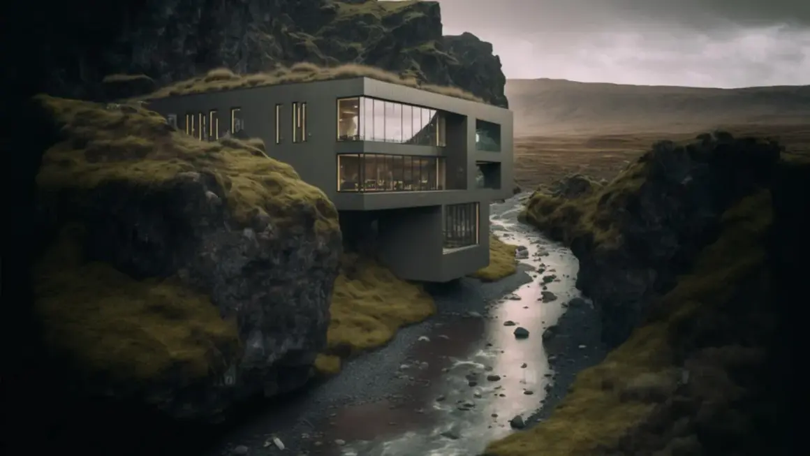 Modern house built into a mossy cliffside, overlooking a rocky stream. This architectural photography captures a dramatic, remote landscape.