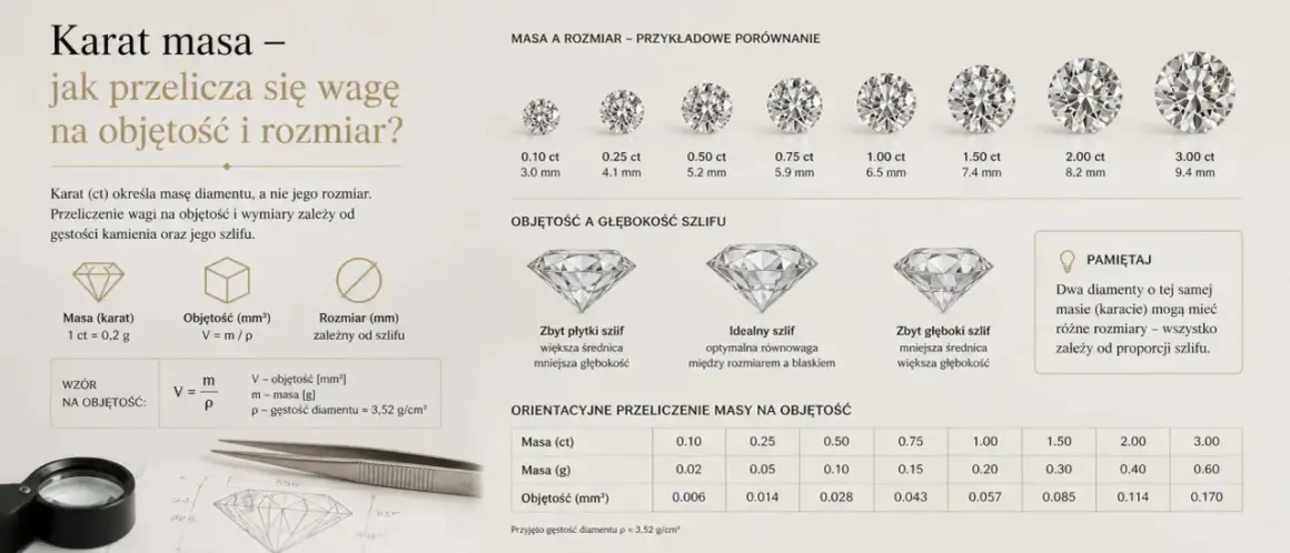 Tabela pokazuje zależność masy diamentu od jego objętości i rozmiaru, uwzględniając gęstość diamentu (ok. 3,52 g/cm³) i szlif.