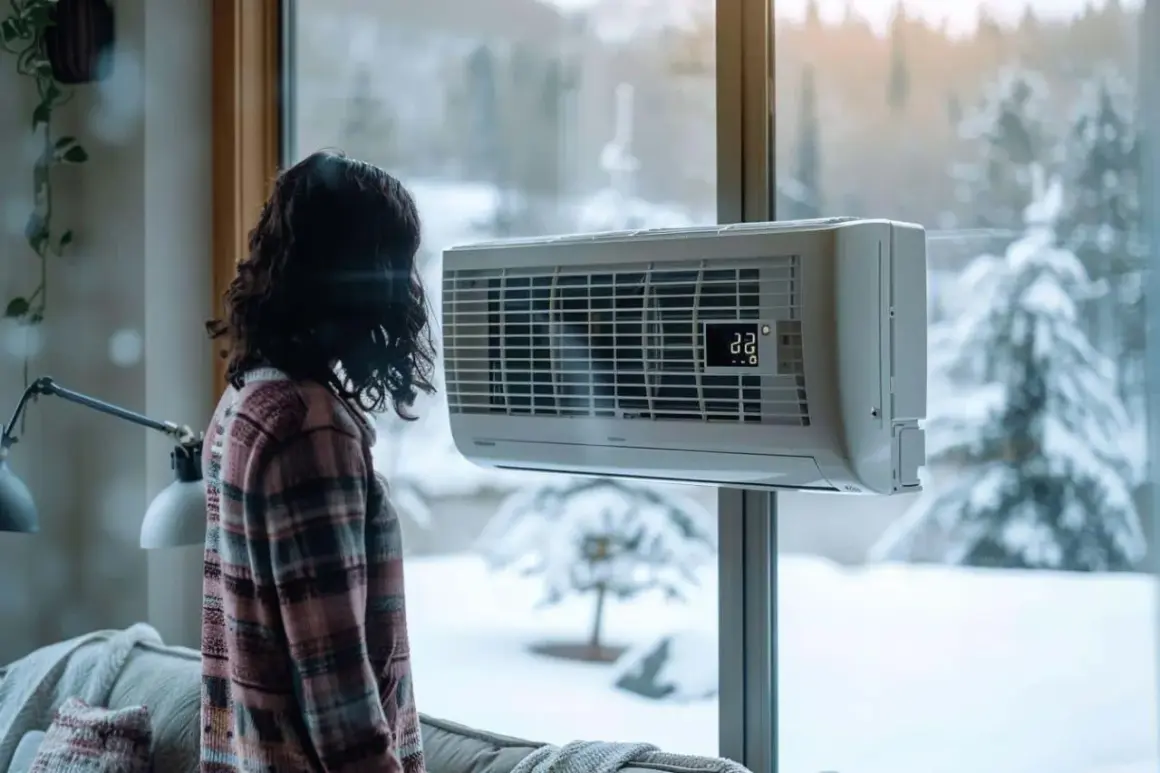 Une femme regarde par la fenêtre un paysage enneigé. La climatisation souffle froid en mode chauffage, affichant 22 degrés.