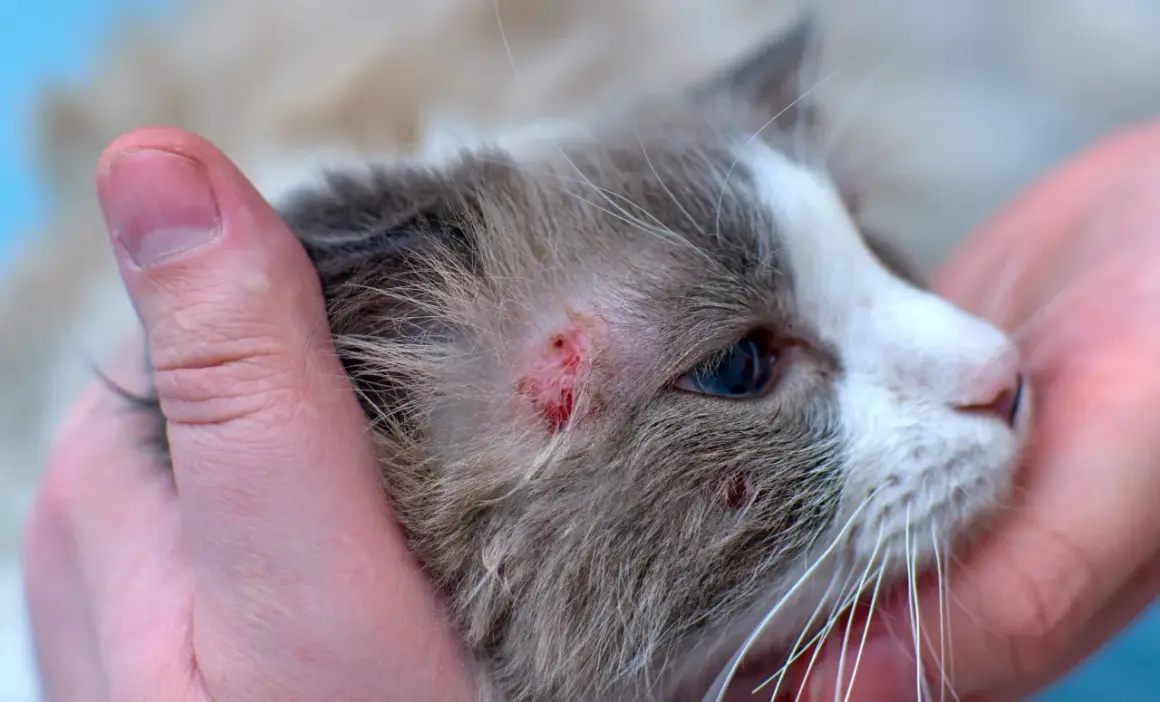 Gros plan sur la tête d'un chat tenu par des mains humaines, révélant une plaque rouge sur son pelage.