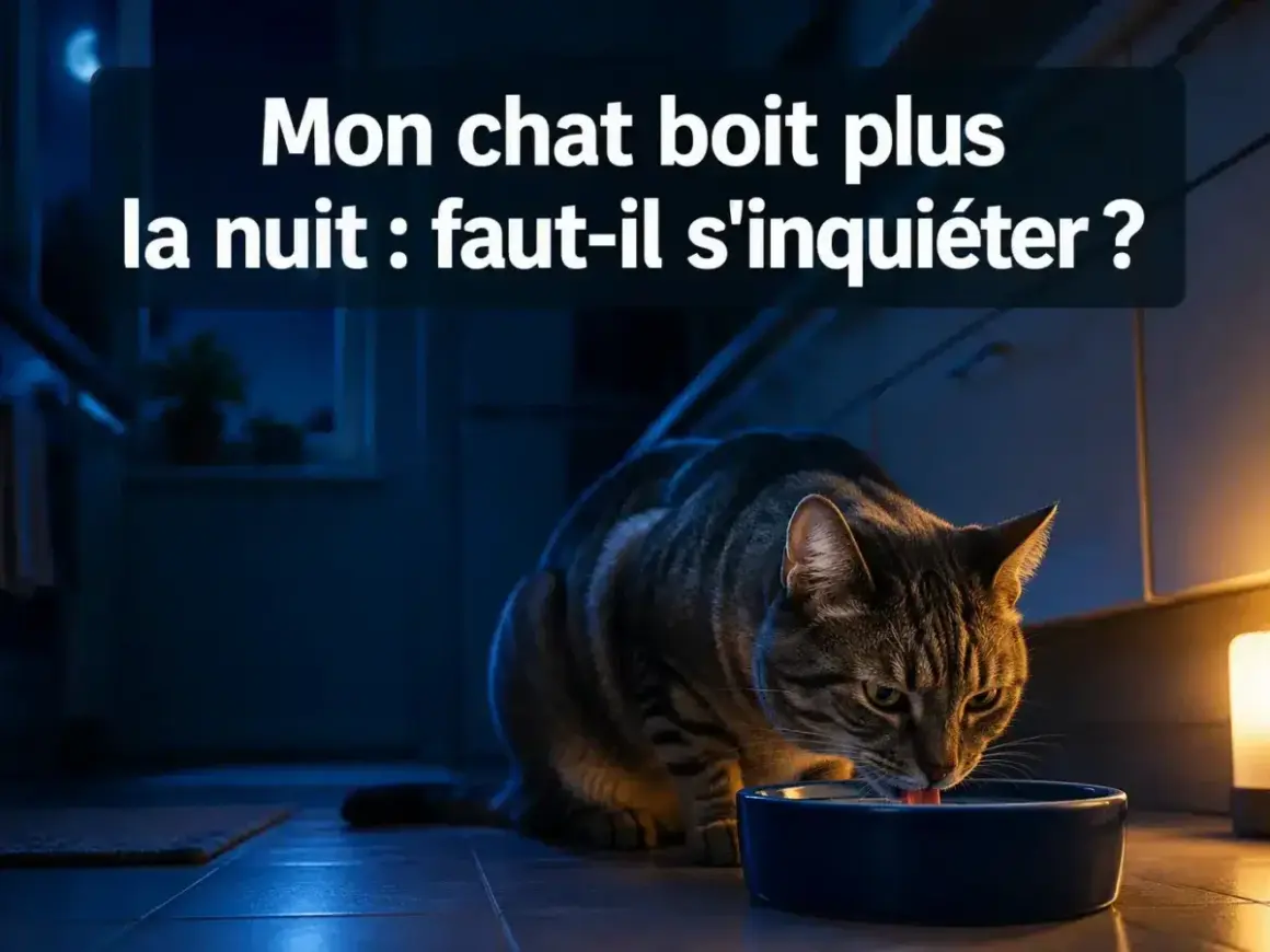 Un chat tigré boit de l'eau dans un bol bleu la nuit. La question "Mon chat boit plus la nuit : faut-il s'inquiéter ?" est affichée.
