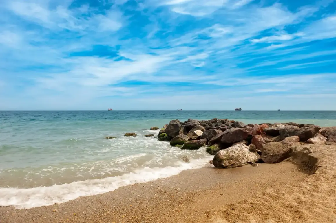 Olas rompiendo en la arena dorada de la playa Quitapellejos. El mar turquesa se extiende hasta el horizonte, con barcos navegando. ¡Un lugar ideal para relajarse!