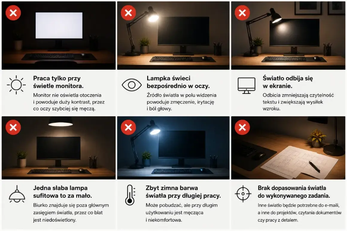Złe oświetlenie biurka: światło monitora, lampka w oczy, odbicia, słaba lampa sufitowa, zimna barwa, brak dopasowania. Co to światło? To klucz do komfortowej pracy.