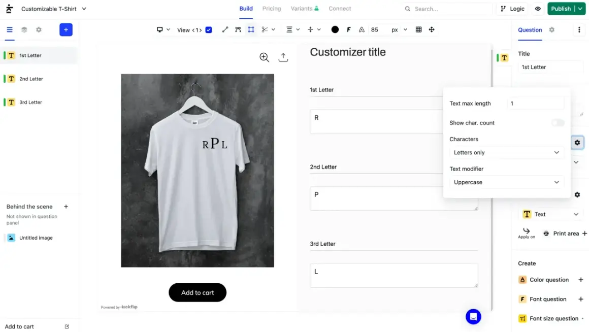 Customizing a t-shirt with a monogram. The interface allows input for three letters, with "RPL" visible on the shirt, demonstrating what a monogram is.