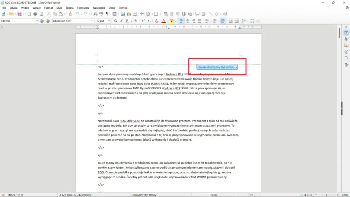 Jak usunąć numer strony ze strony tytułowej w LibreOffice Writer? Widok nagłówka i stopki, gdzie można edytować styl strony.